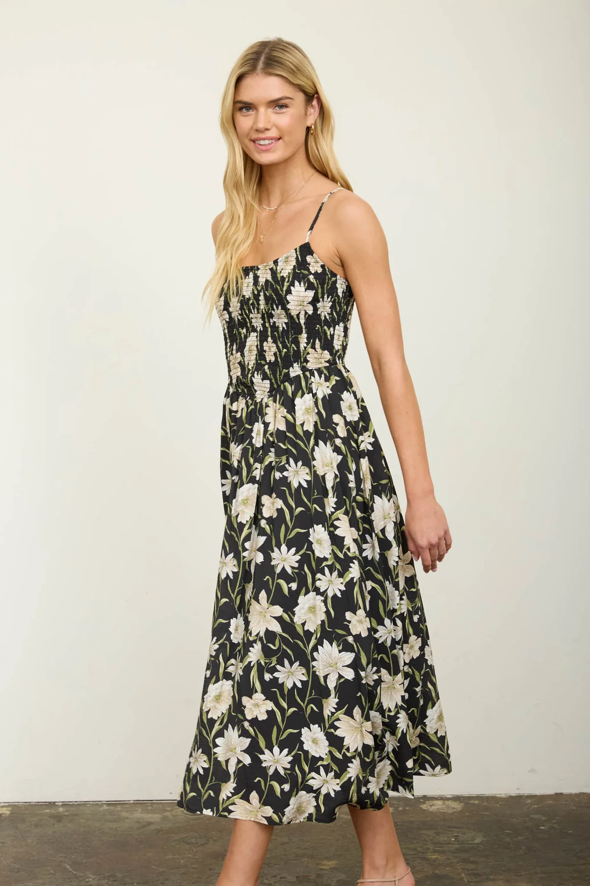 FLORAL SMOCKED MIDI SUNDRESS