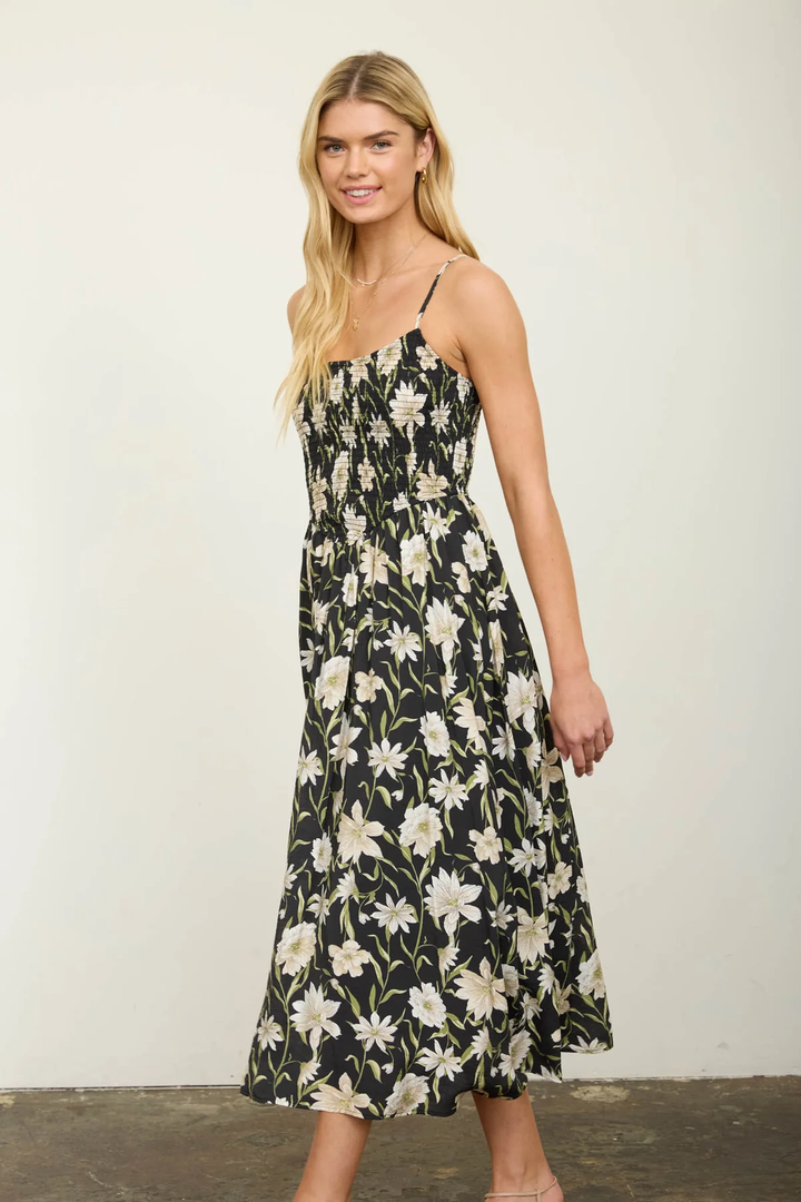 FLORAL SMOCKED MIDI SUNDRESS