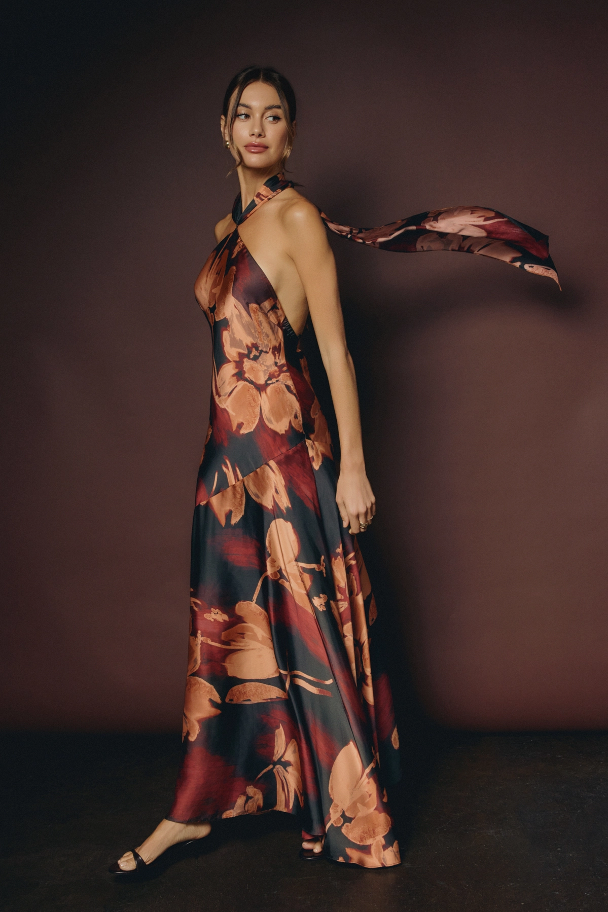 Black / Brown Floral Halter Maxi Dress - alternate view