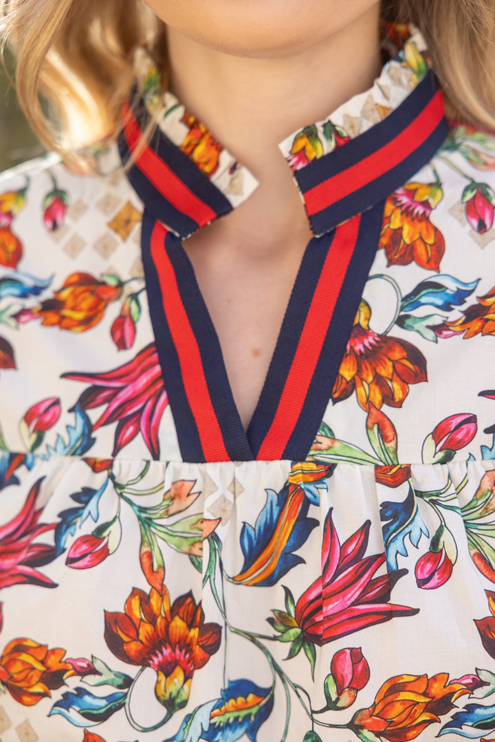 STRIPE V-NECK FLORAL WOVEN TOP