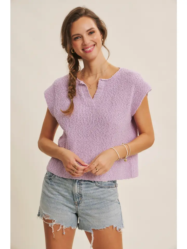 RELAXED SPLIT NECK SLUB SWEATER TOP