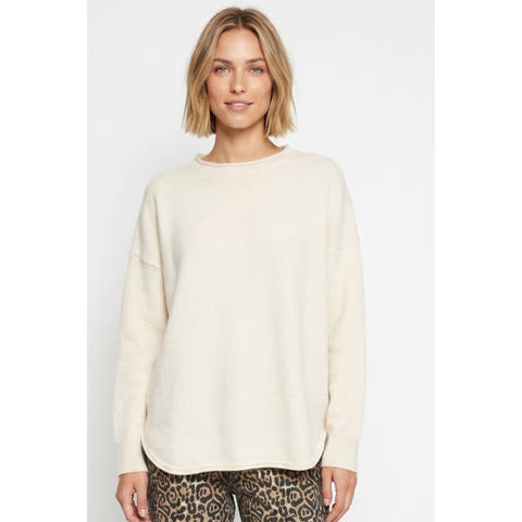 Front view of cream rounded-hem crewneck sweater