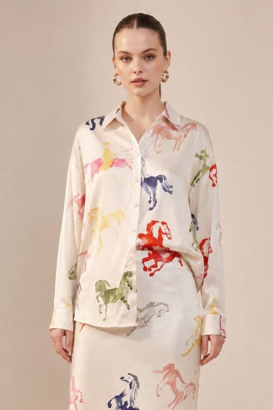 Cream multicolor horse-print button-up top - view 1
