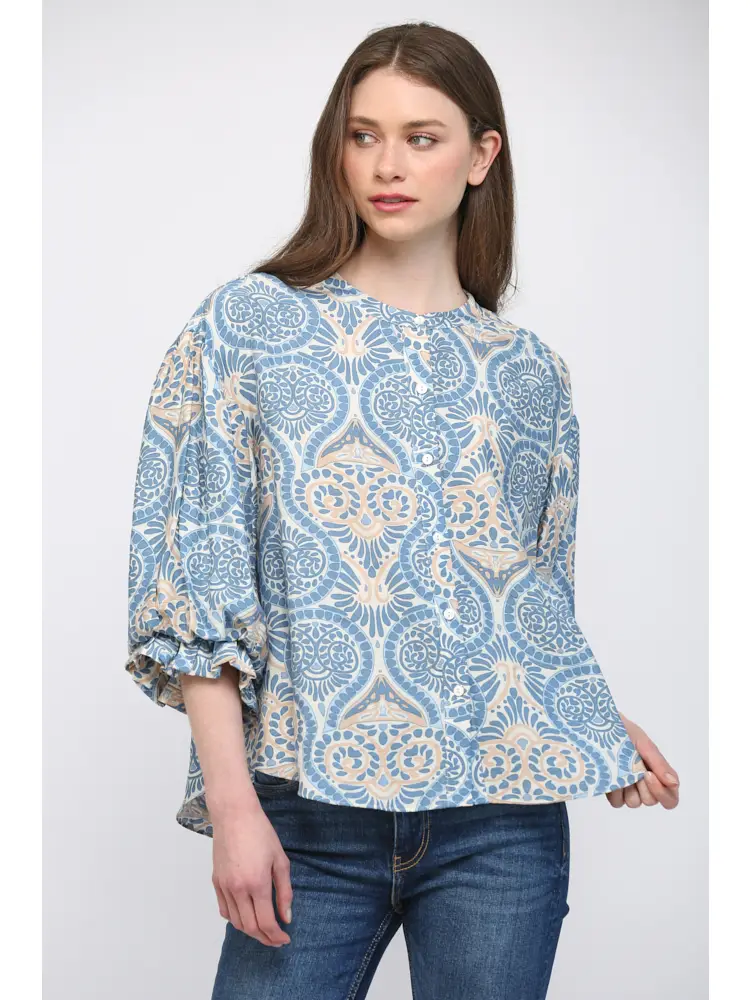 DAMASK PRINT BALLOON SLEEVE TOP