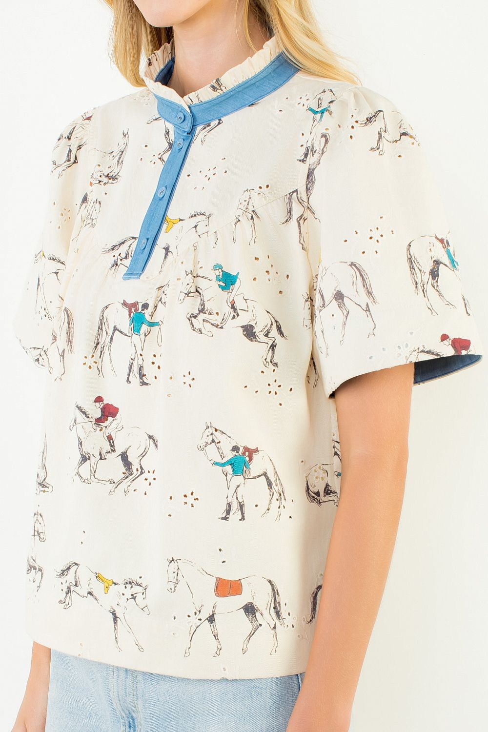 Cream short-sleeve horse-embroidered top, front view
