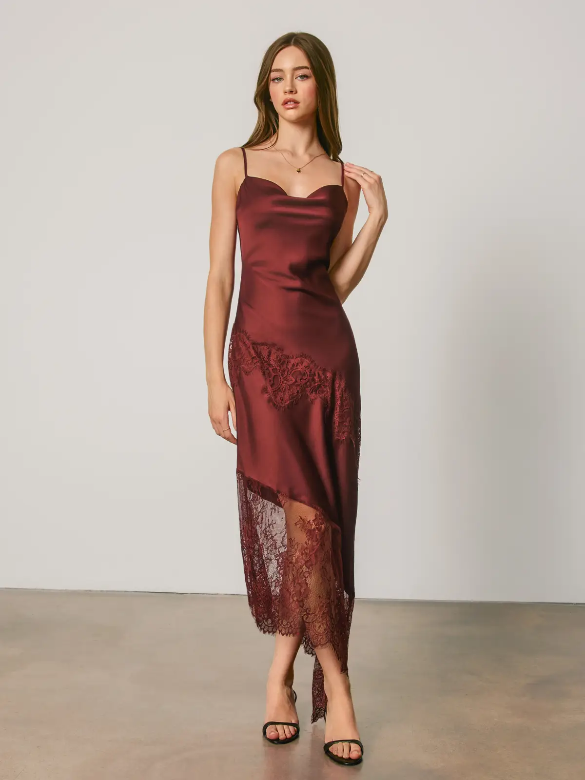 Wine lace-trim slip midi dress front view