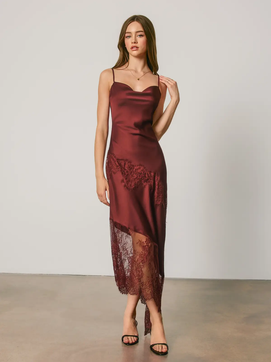 Wine lace-trim slip midi dress front view