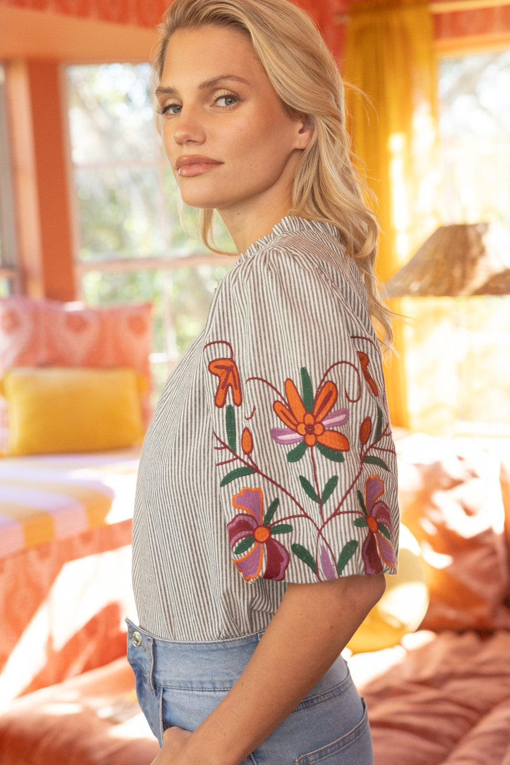 FLORAL EMBROIDERED STRIPED TOP