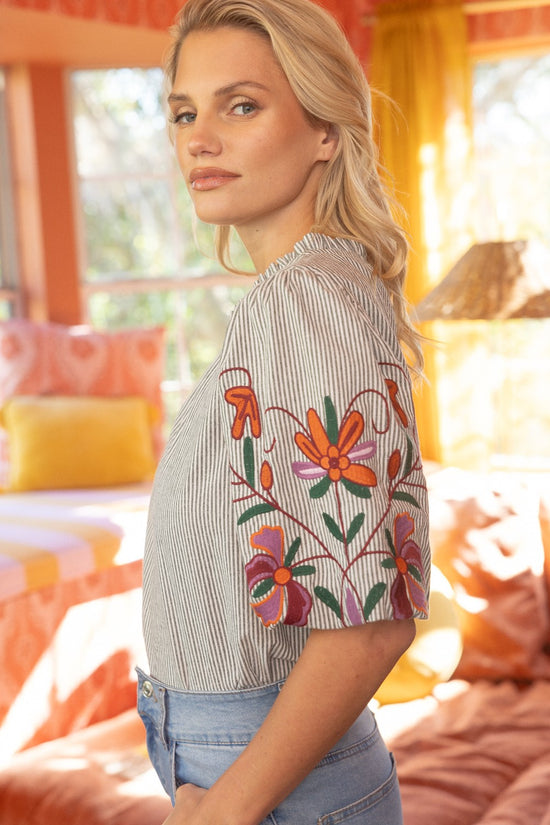 FLORAL EMBROIDERED STRIPED TOP
