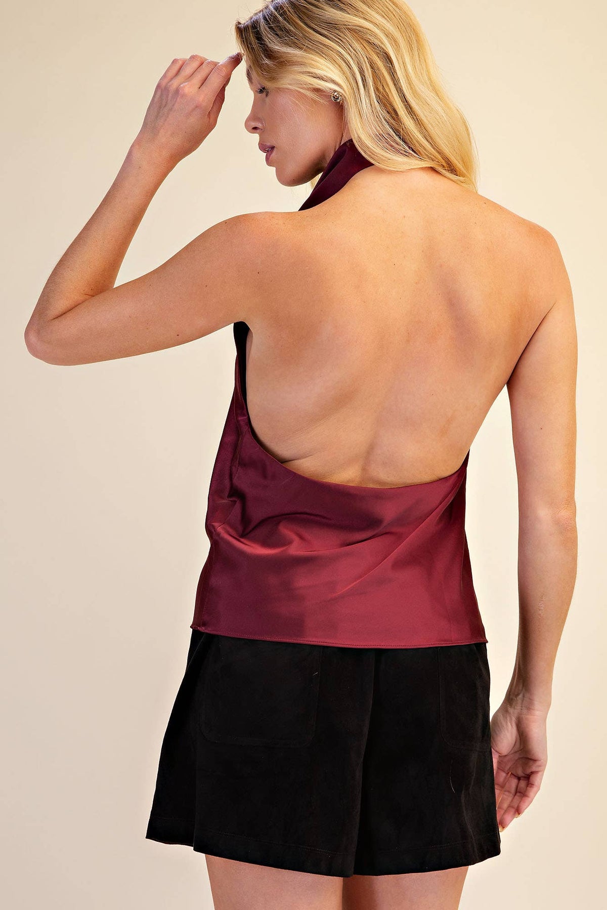 Satin cowl-neck halter top - open-back view