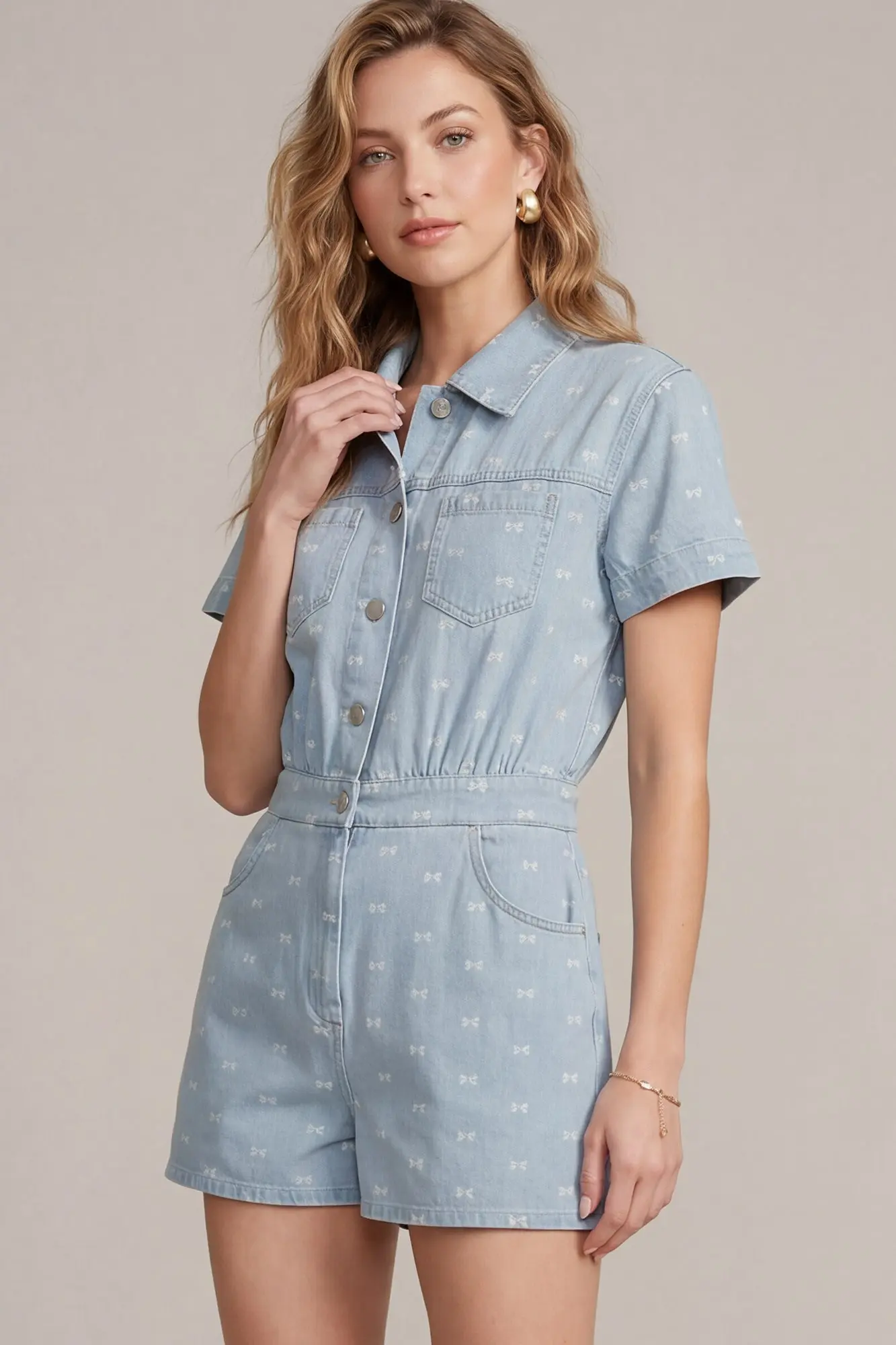 SHE & SKY Bow Printed Denim Romper in light blue - view 2