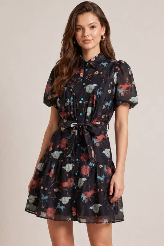 Black / Multicolor Floral Puff-Sleeve Belted Mini Dress - back view