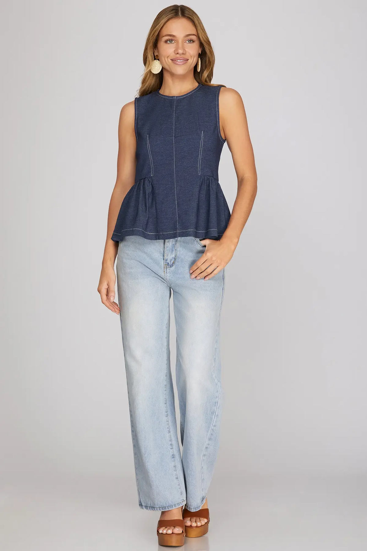Blue / Black Sleeveless Peplum Top - close-up view