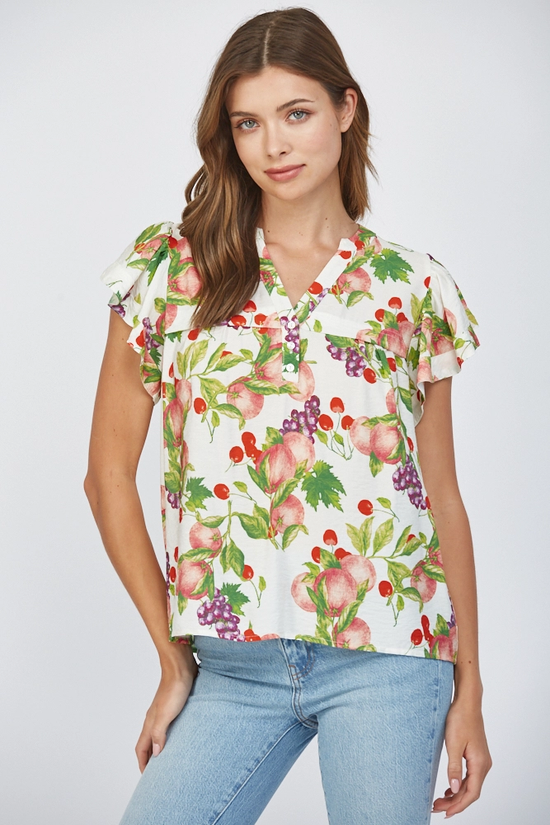 FRUIT PRINT FLUTTER SLEEVE TOP