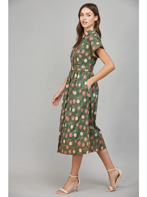 Flower Print Collar Midi Dress