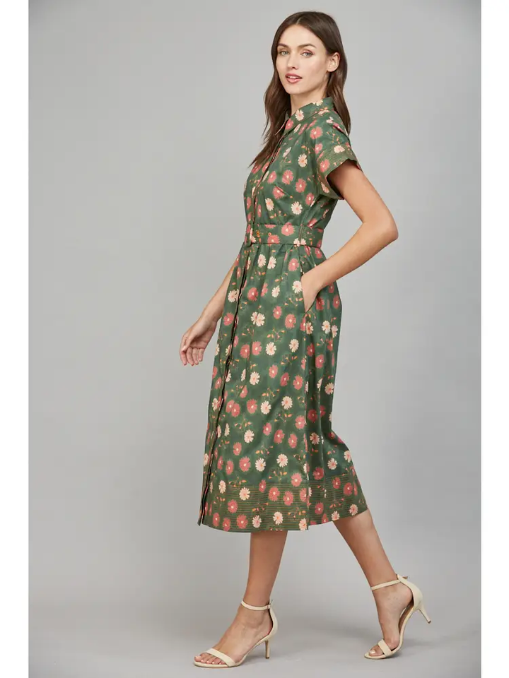 FLOWER PRINT COLLAR MIDI DRESS