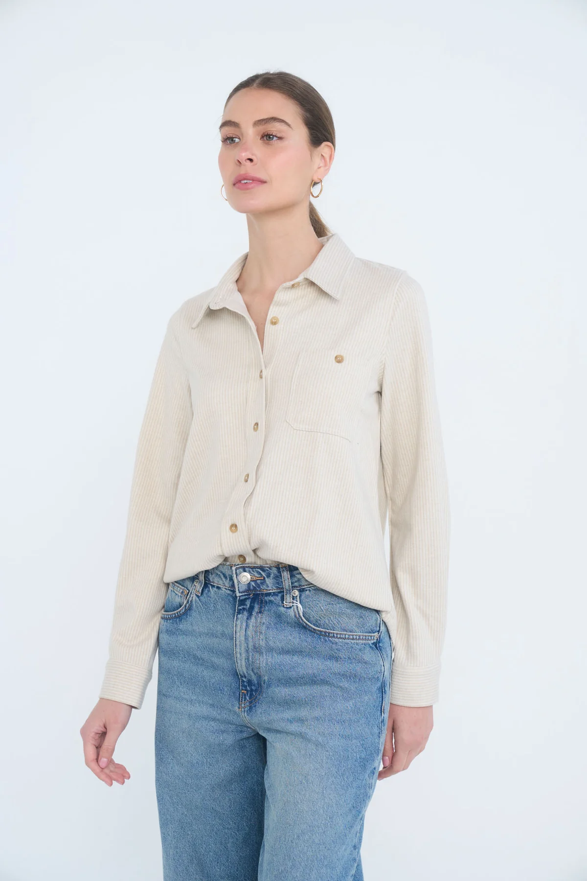 Oatmeal textured collared button-down top, side view