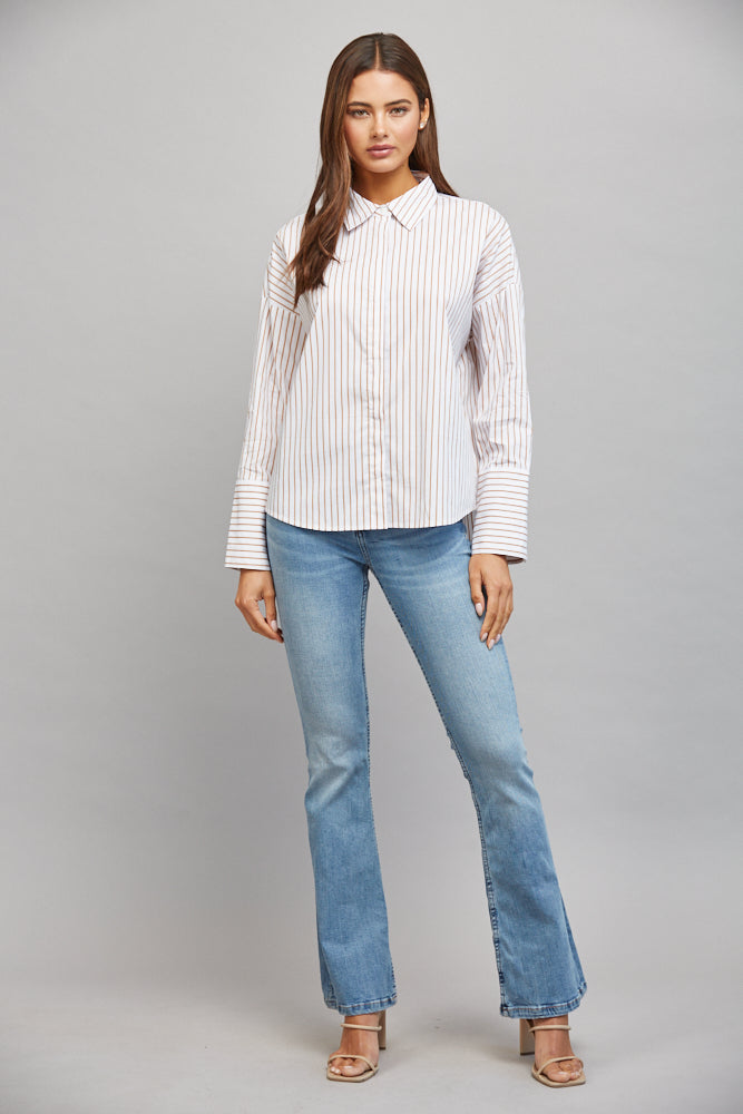 Tan-and-white button-down shirt, back view