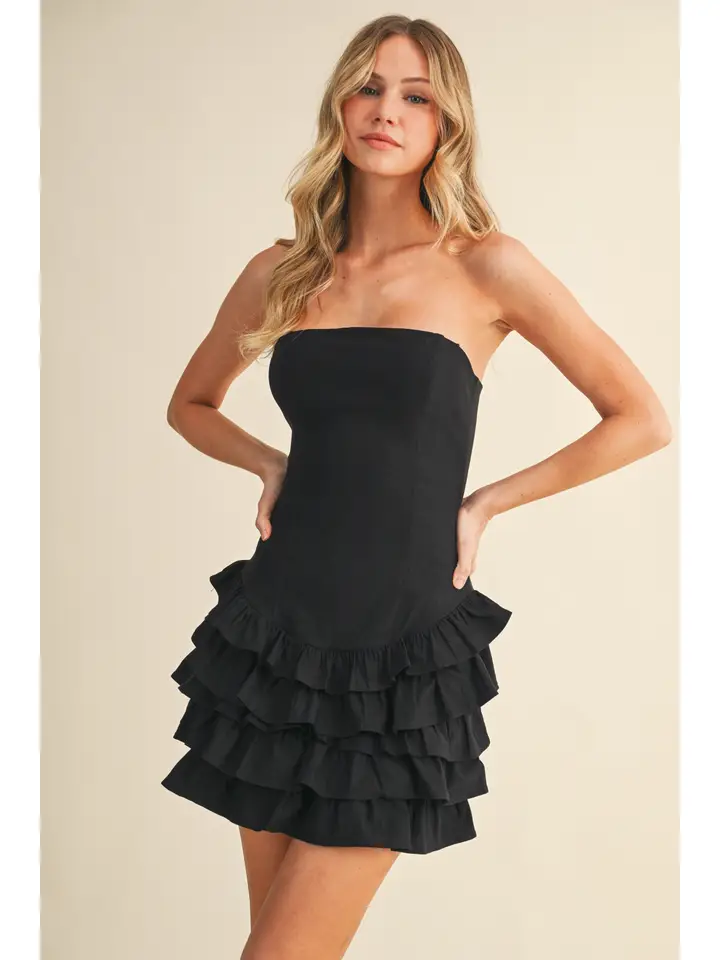 STRAPLESS DROP WAIST RUFFLE MINI DRESS