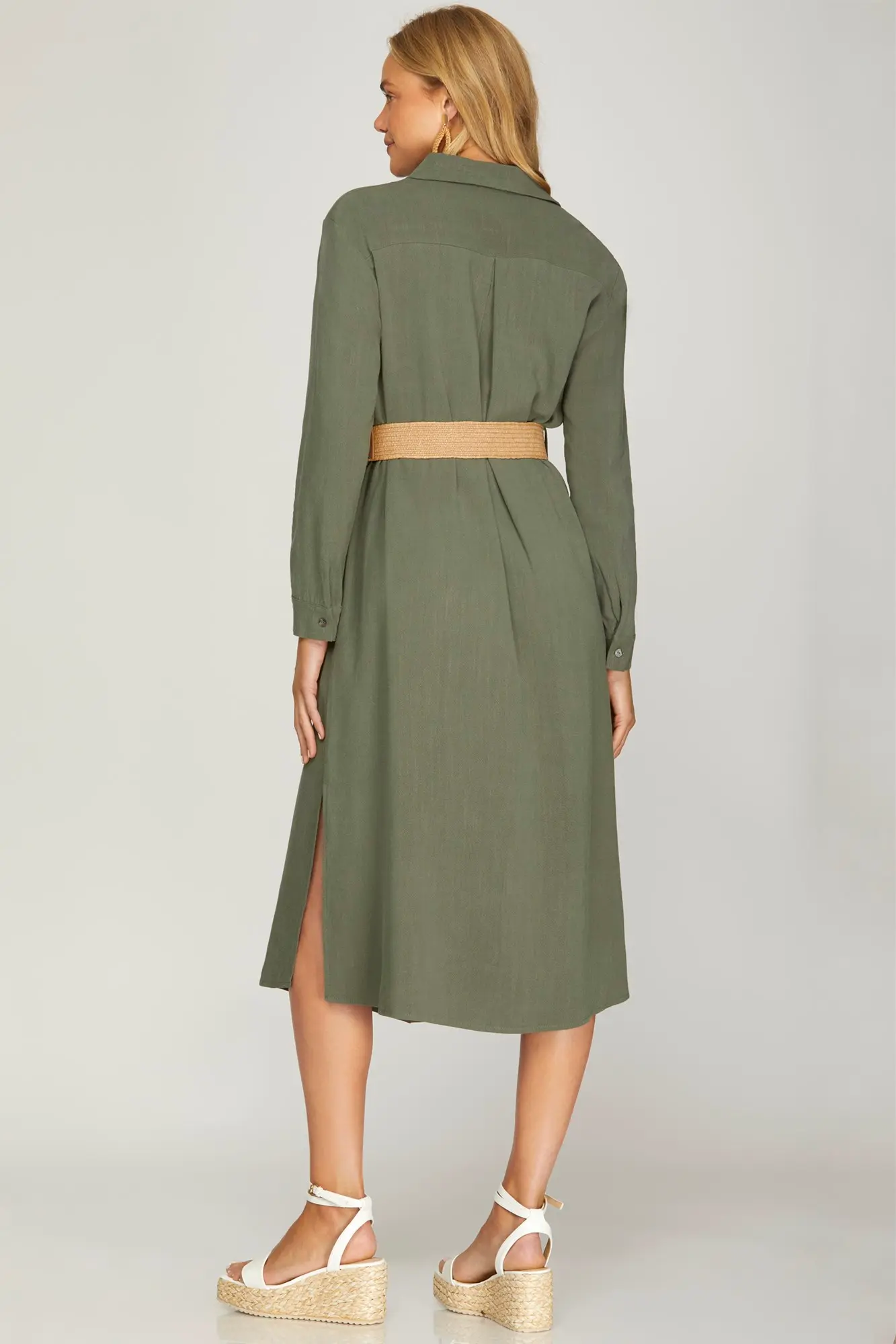 SHE & SKY Button-Down Midi Shirt Dress in olive - view 2