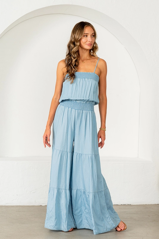 TIERED DENIM JUMPSUIT