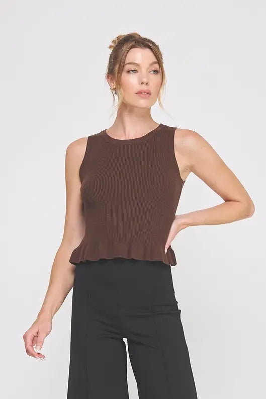 Model wearing espresso ribbed knit peplum tank