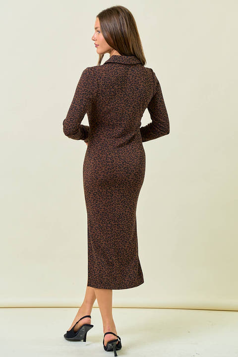 Brown ribbed leopard collared midi dress - back view