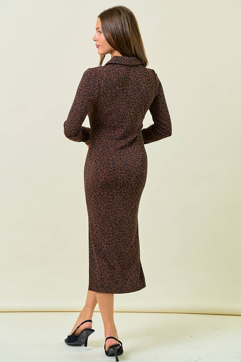 Brown ribbed leopard collared midi dress - back view