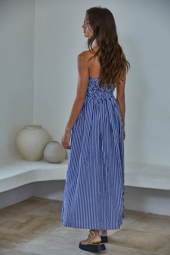 STRIPED STRAPLESS MAXI DRESS