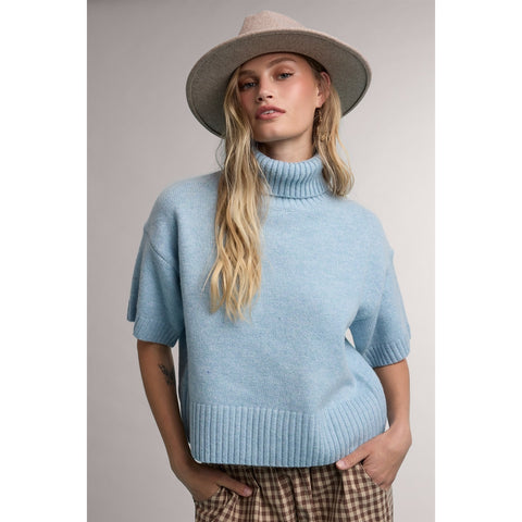 Light blue short-sleeve turtleneck sweater, front view