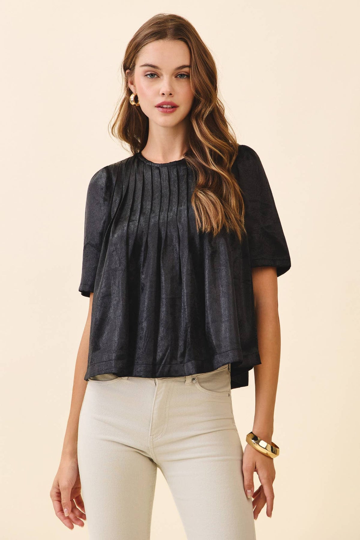 Pleated Metallic Satin Top