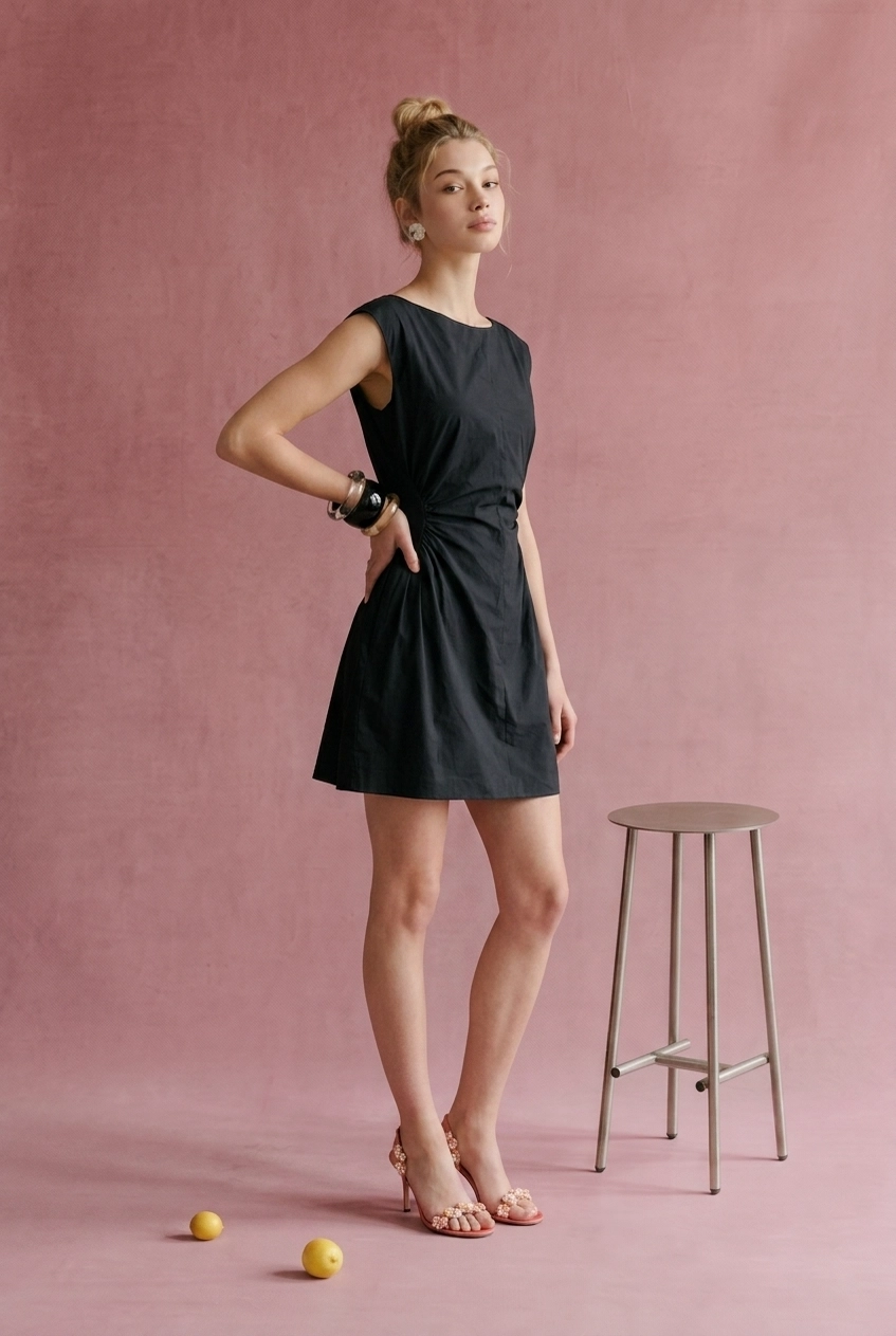 Black and wine side-panel ruched mini dress