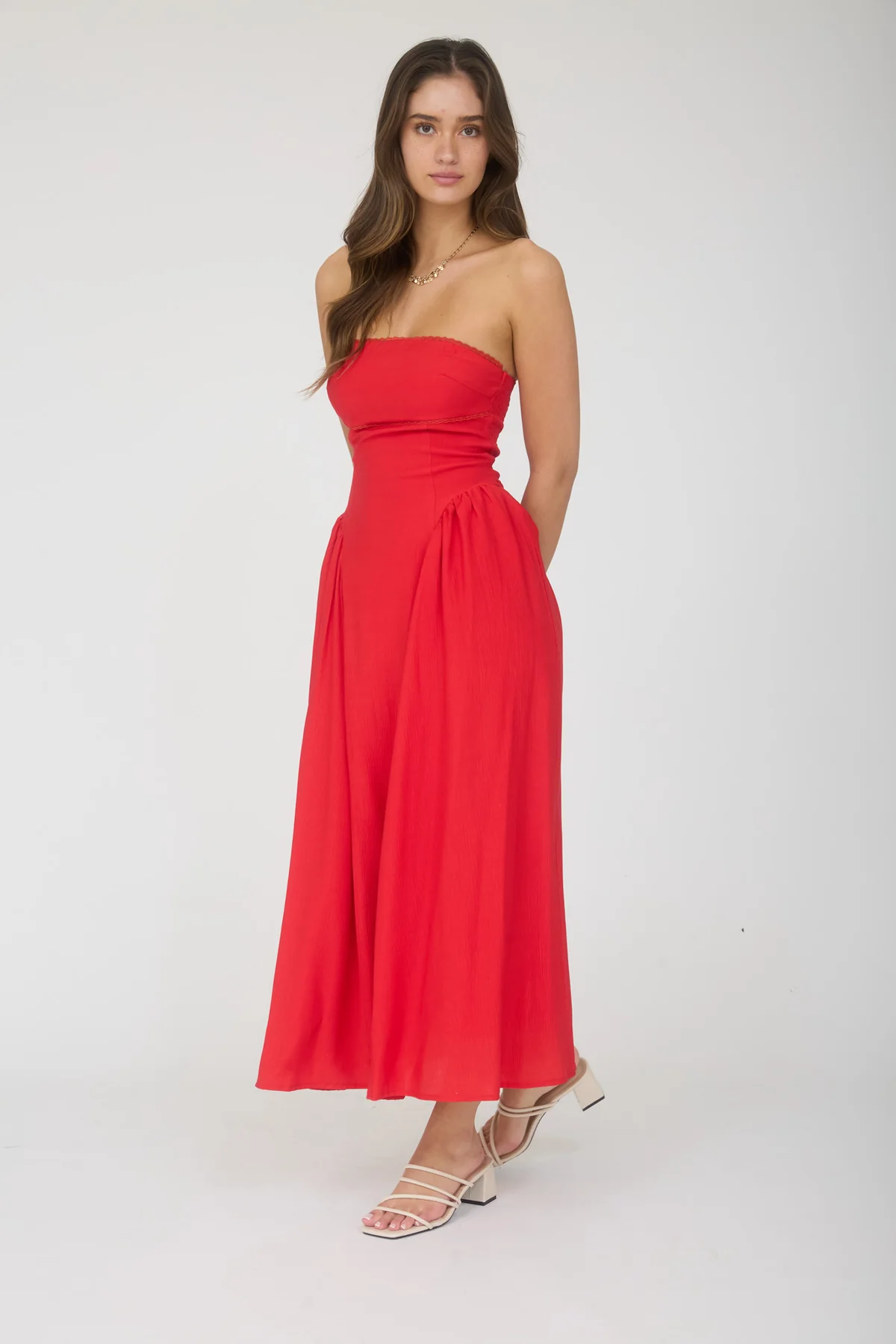 LACE TRIM STRAPLESS MIDI DRESS