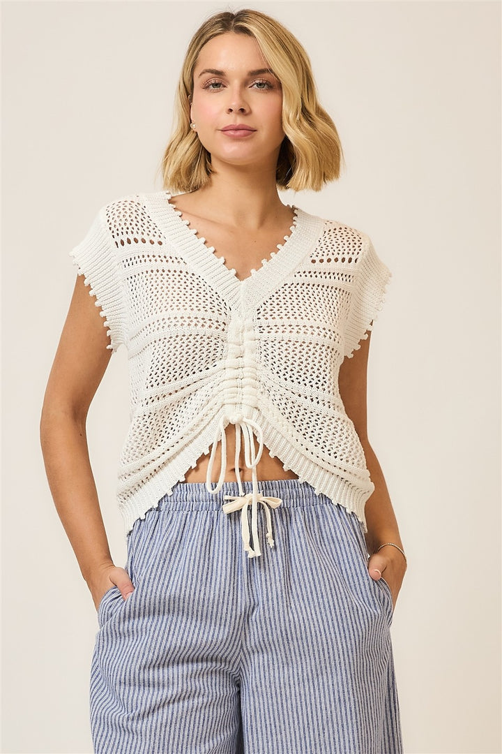 OPEN KNIT RUCHED TOP