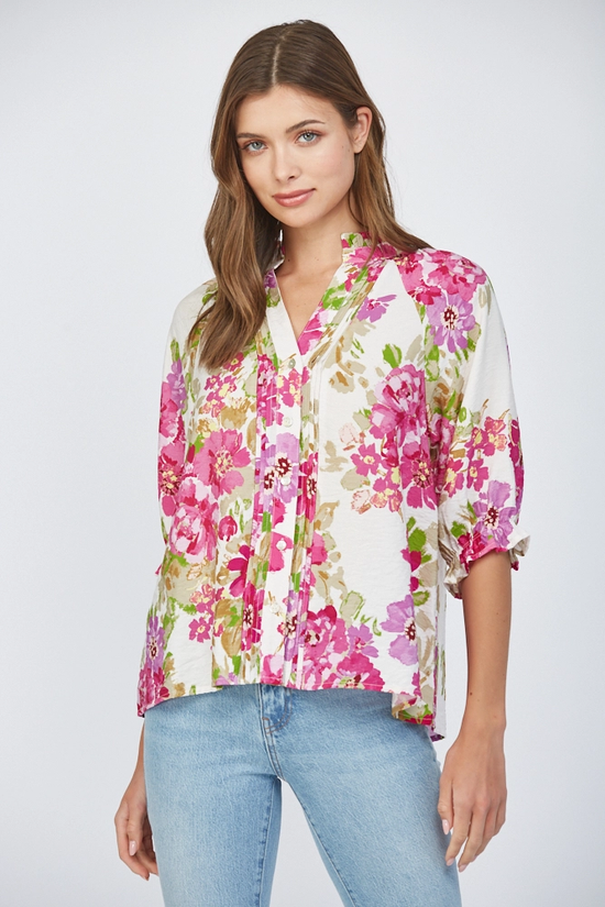 FLORAL PINTUCK SPLIT NECK TOP