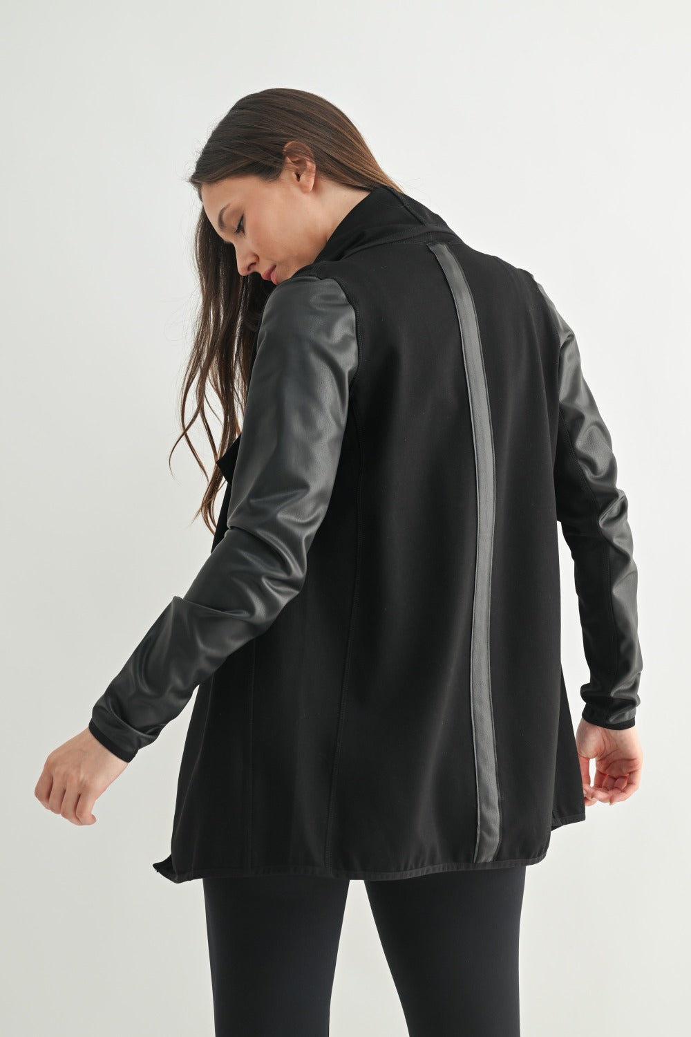 WATERFALL FAUX LEATHER CARDIGAN