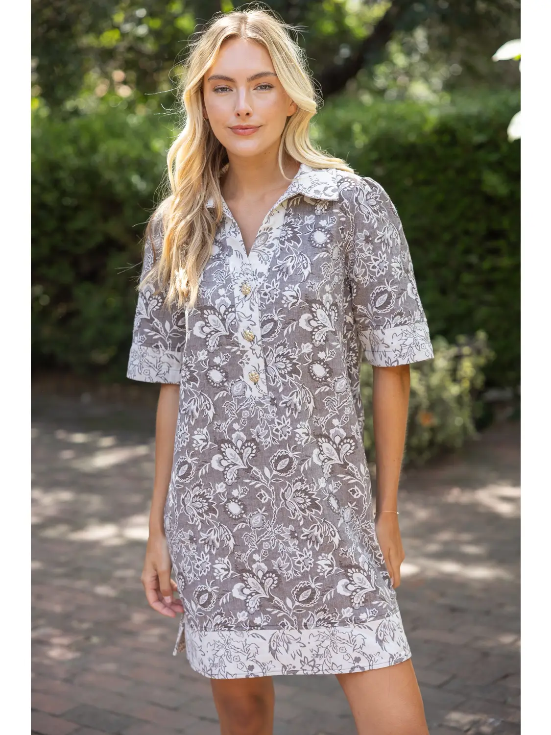 Brown floral jacquard mini dress front view