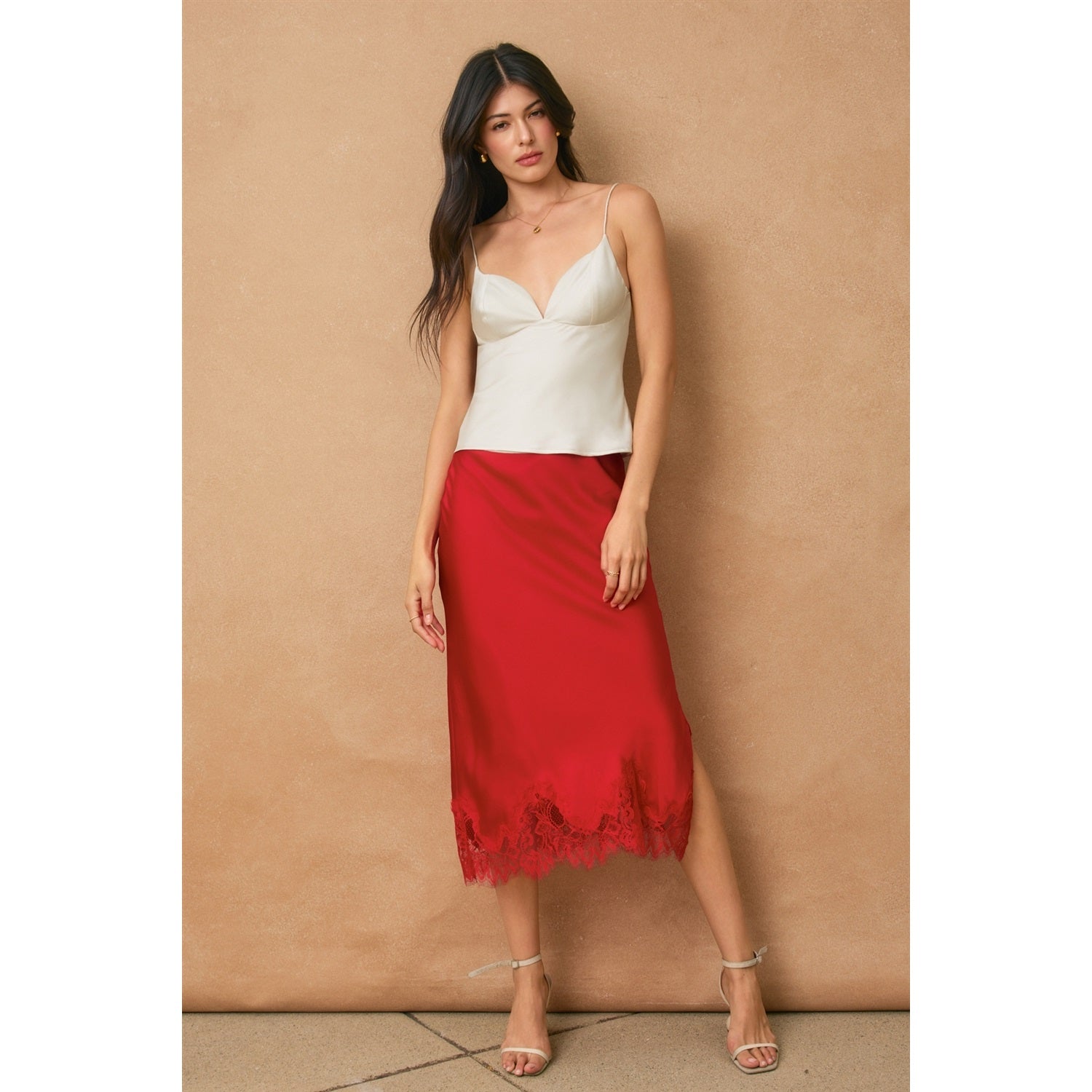 SATIN LACE HEM MIDI SKIRT