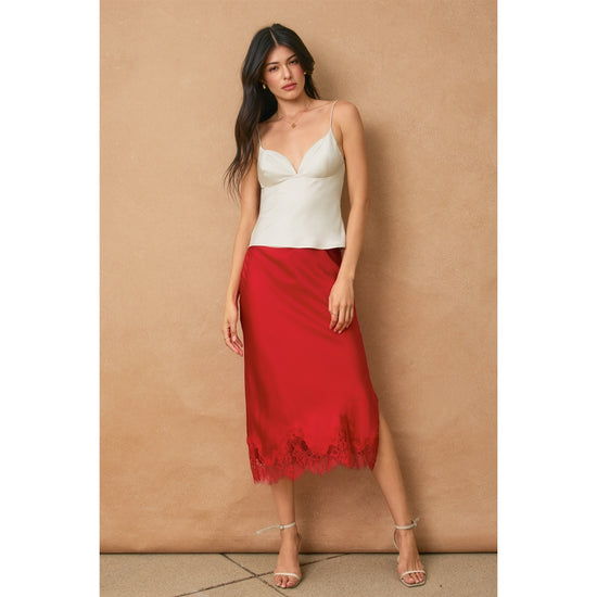 SATIN LACE HEM MIDI SKIRT