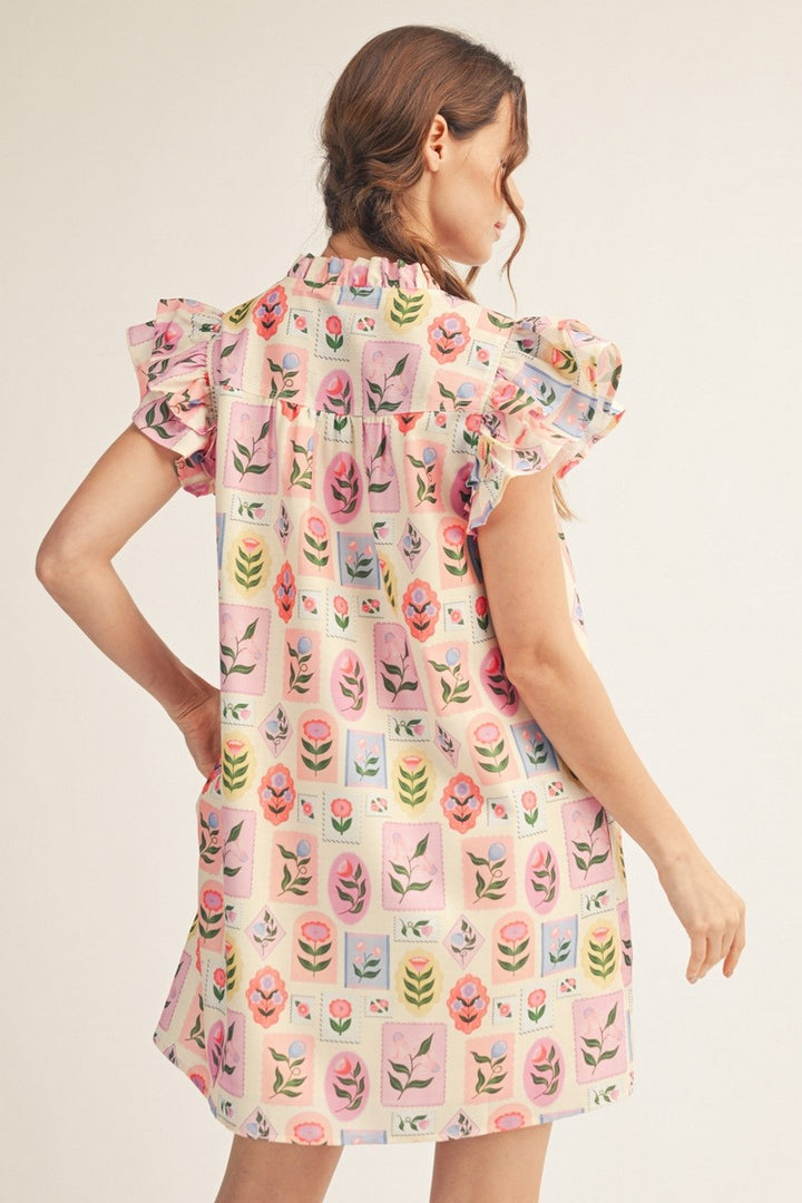 RUFFLE COLLAR FLORAL SHIFT DRESS