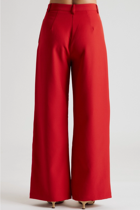Back view of red full-length wide-leg trousers