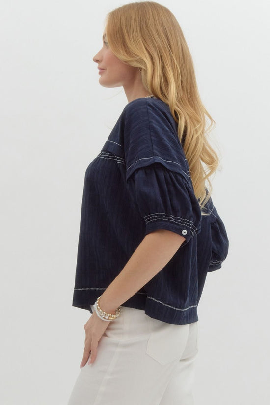 Navy Blouse with White Stitch Detail