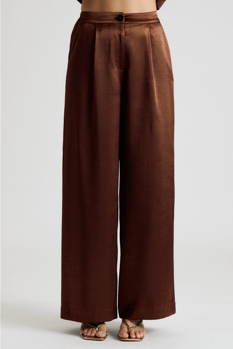 Front view of chocolate brown satin wide-leg trousers