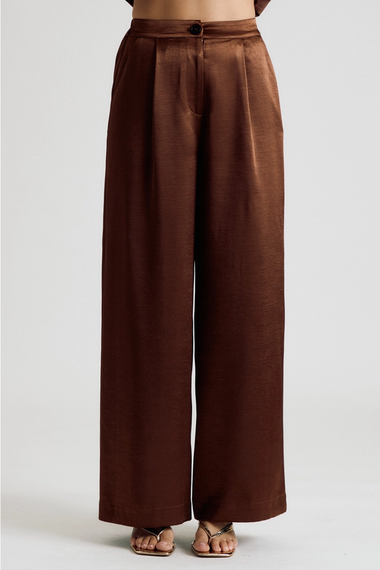 Front view of chocolate brown satin wide-leg trousers