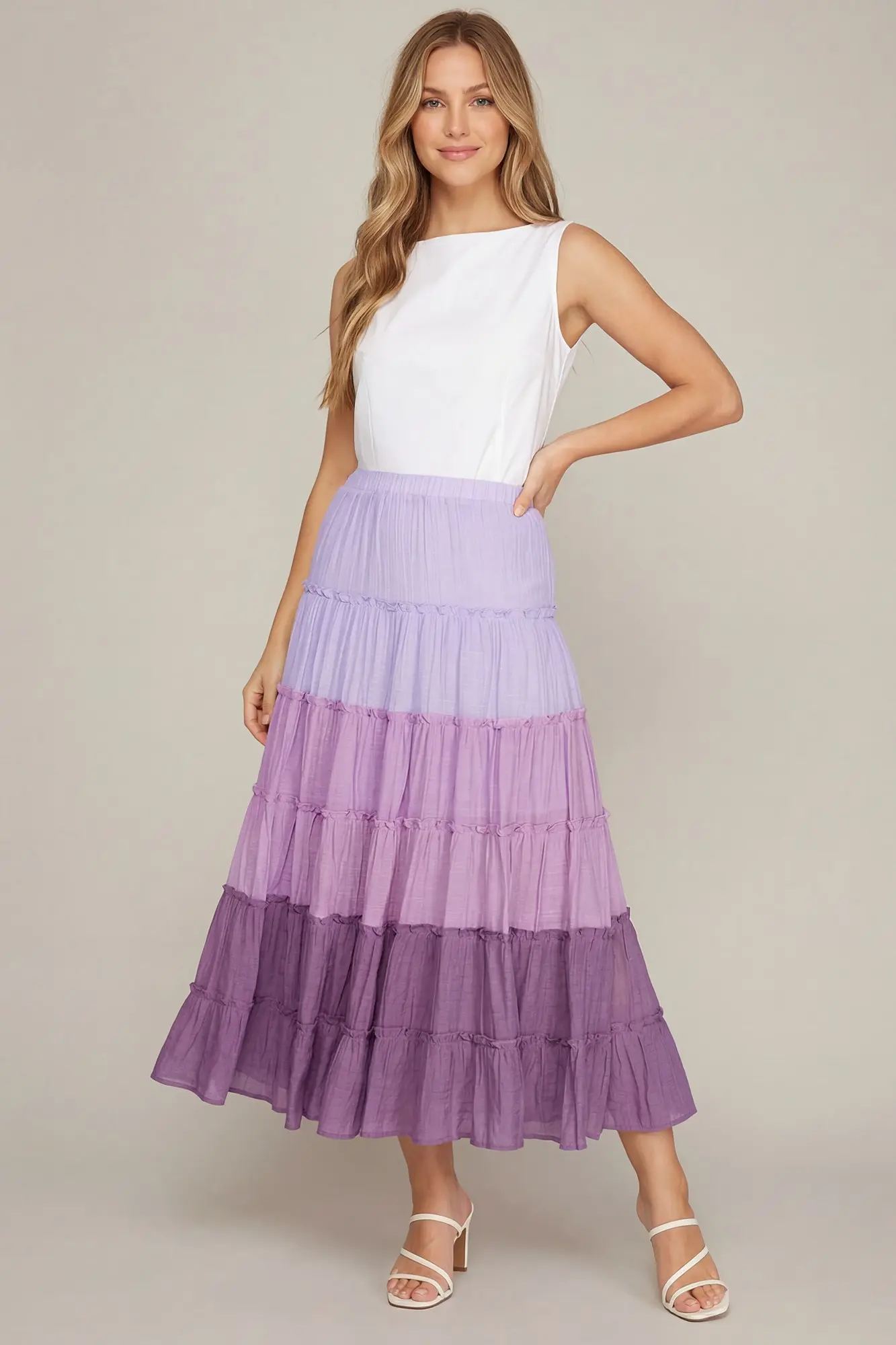 Model wearing purple ombre tiered maxi skirt