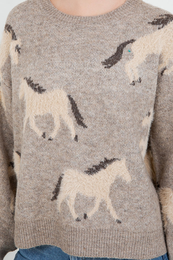 FUZZY HORSE JACQUARD KNIT SWEATER