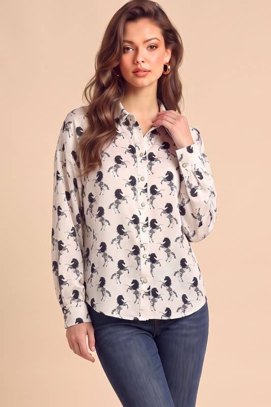 White / Black Horse-Print Snap-Button Blouse - detail view