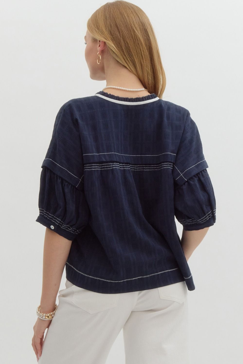 Navy Blouse with White Stitch Detail