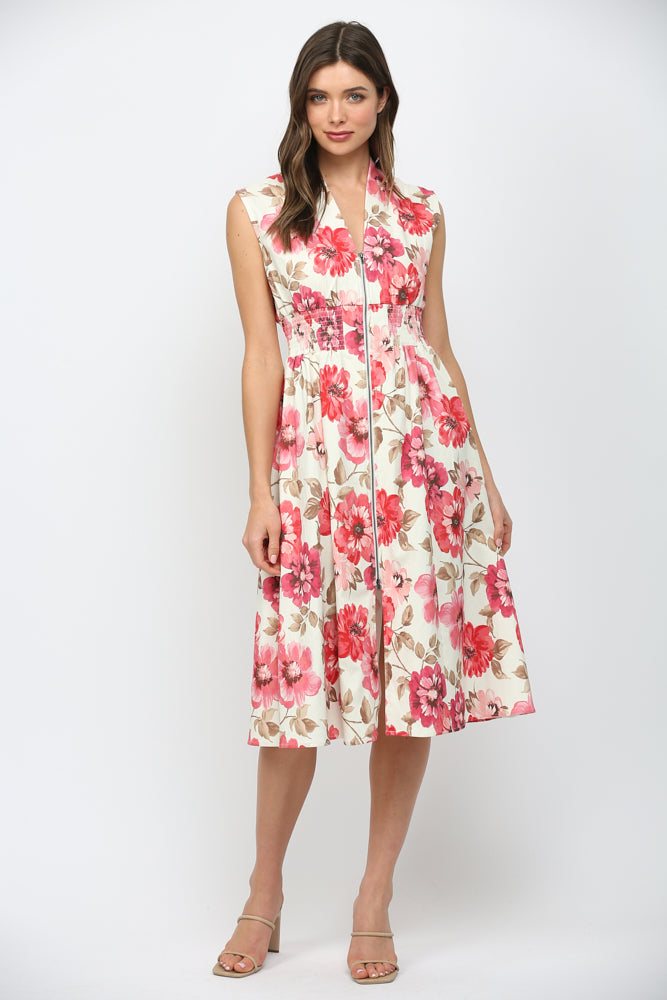 FLORAL ZIP FRONT MIDI DRESS