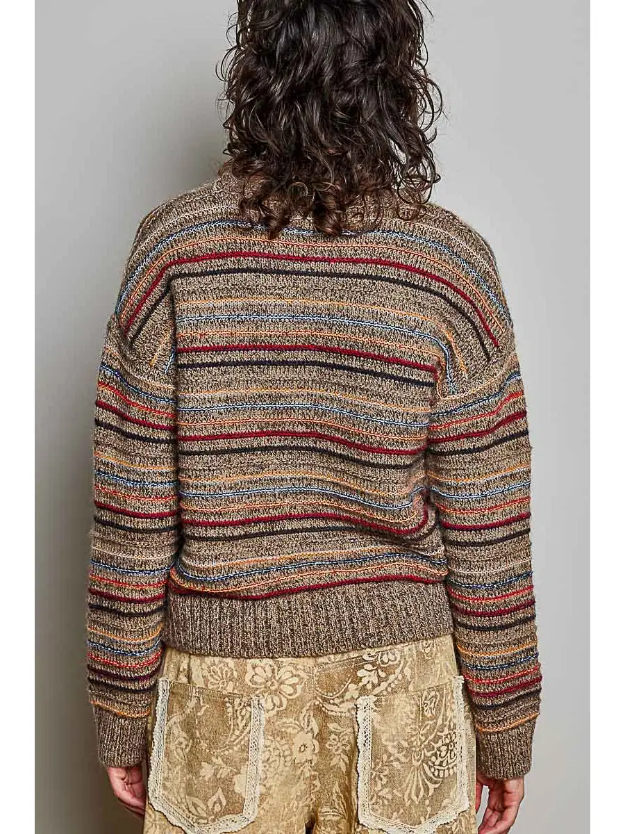 Brown brushed multistripe sweater on model, back view